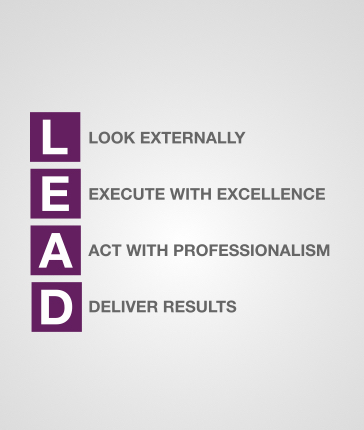 Image of our LEAD core values, Look Externally, Execute with Excellence, Act With Professionalism, Deliver Results